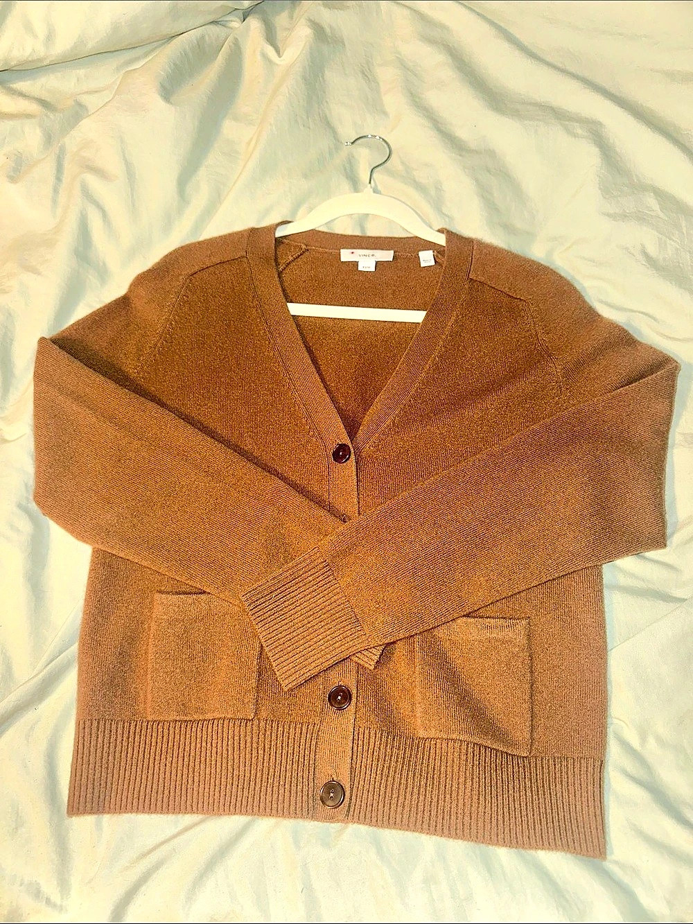 Vince Wool & Cashmere-Blend Pocket V-Neck Cardigan Brown XS